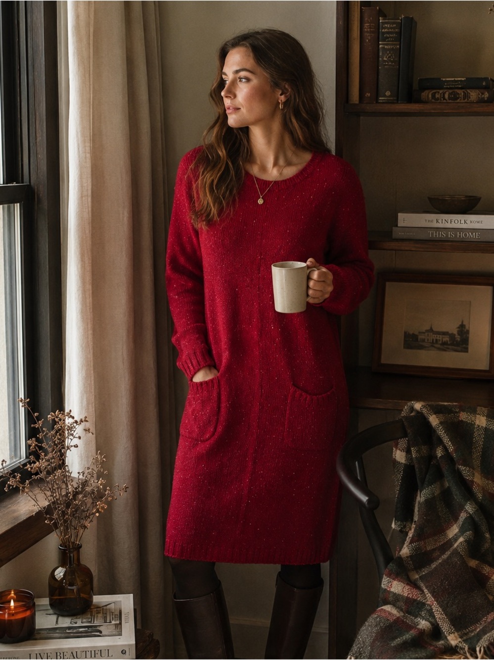 Vintage Bass Knit Ramie Blend Midi Sweater Dress Red Cottagecore Large Holiday